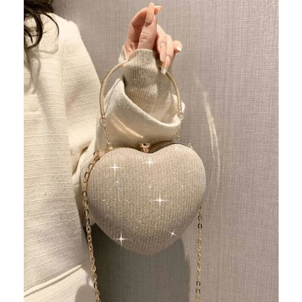 ❤️✨ Gold Sparkling Glitter Heart Shaped Top Handle Chain Clutch Purse Bag NEW